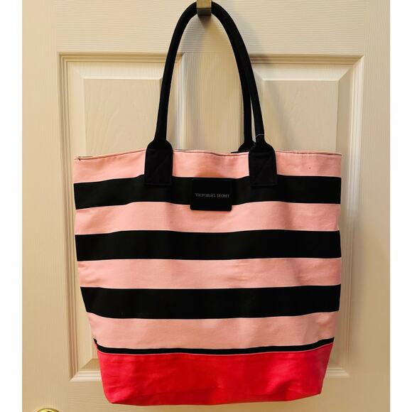 Victoria's Secret Pink Black Striped Large Canvas Gym Overnight Travel Tote Bag - Picture 1 of 8